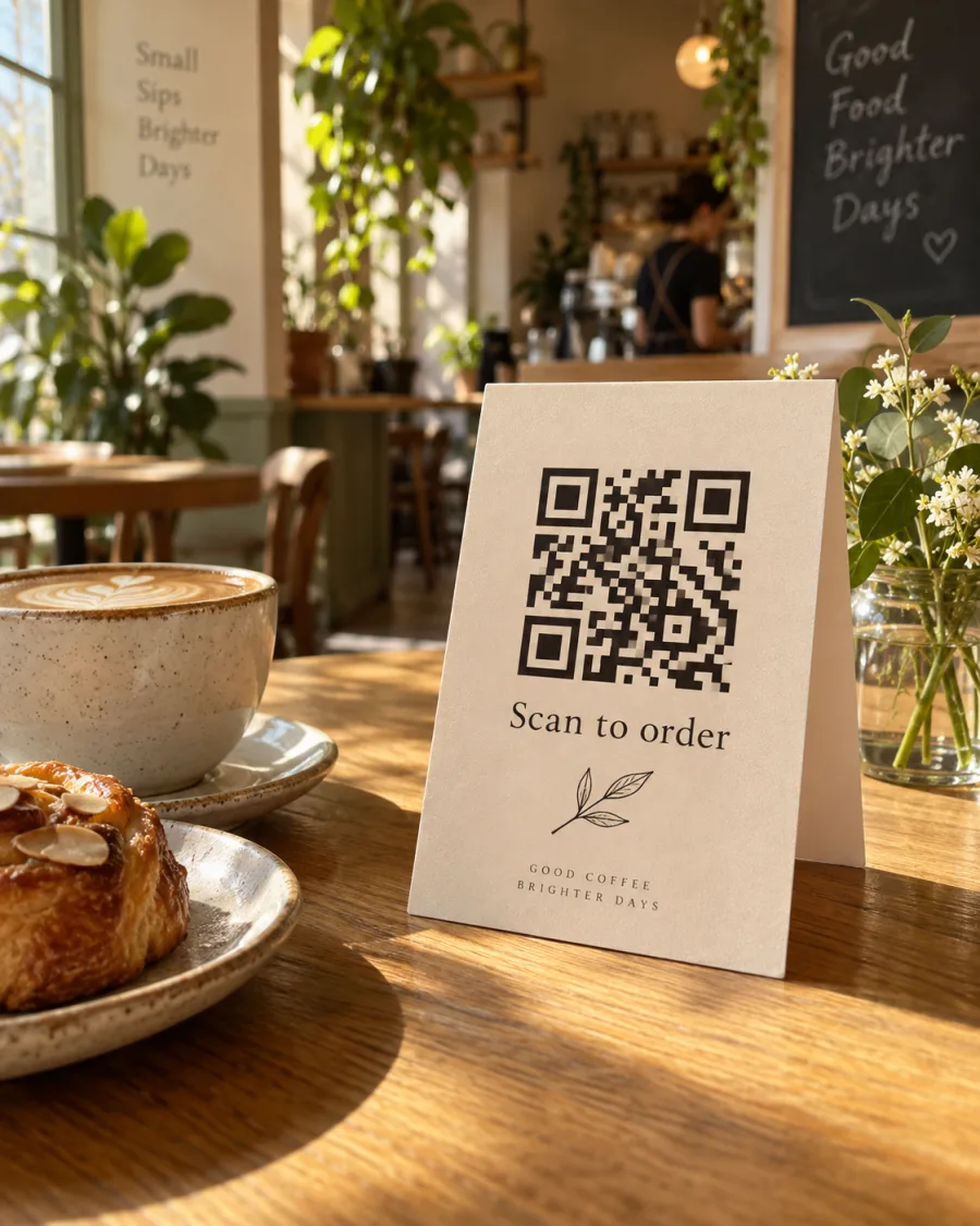 A personalised scan-to-order QR card beside coffee on a sunlit café table