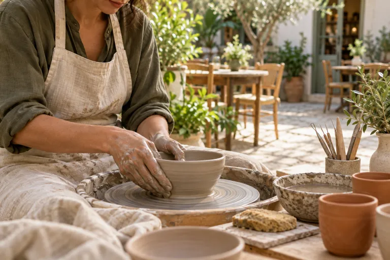 Hands shaping a clay bowl during a café pottery workshop